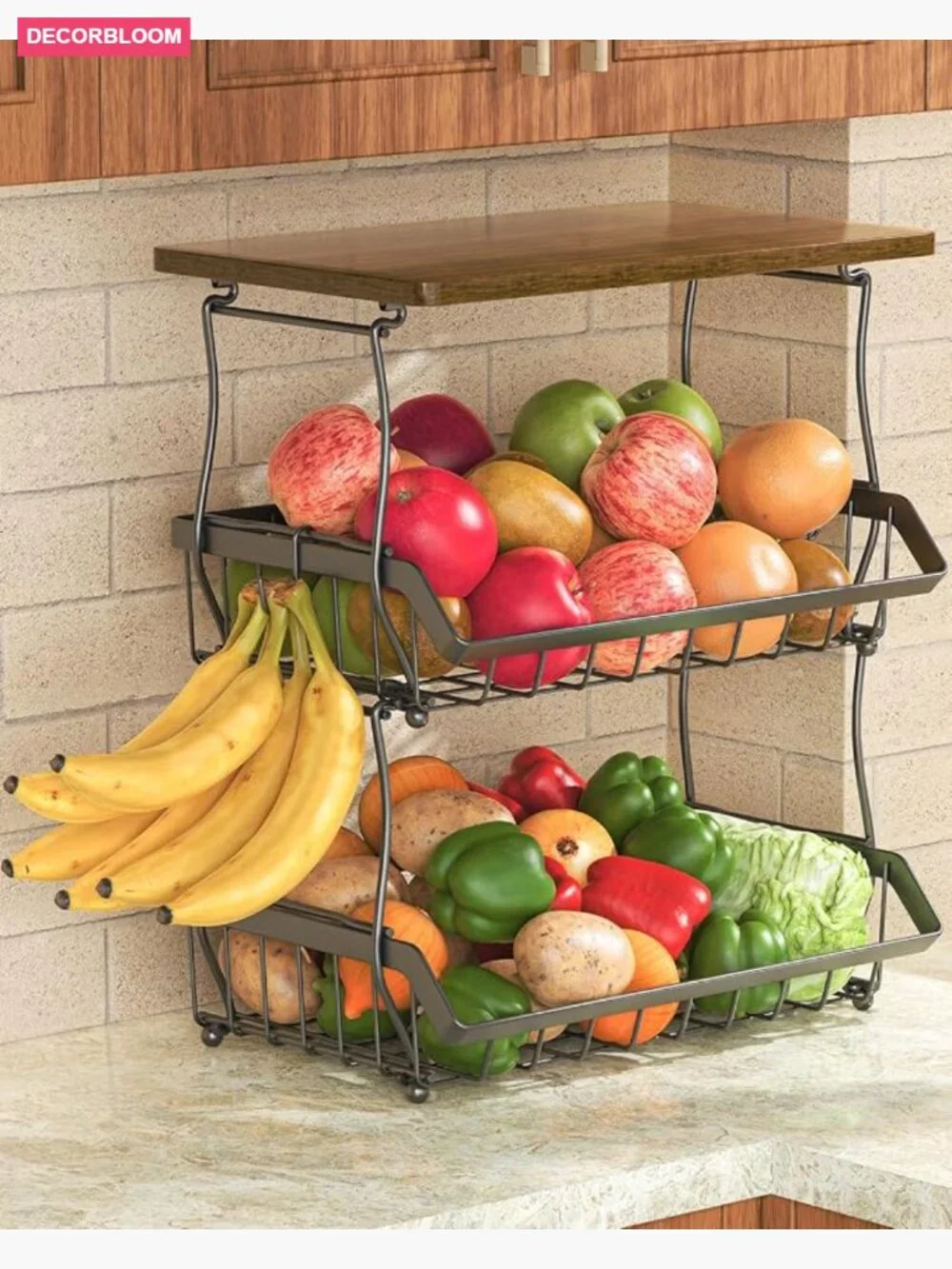 3 Tier Countertop Fruit Basket with Wooden Top, Stackable Vegetable Storage